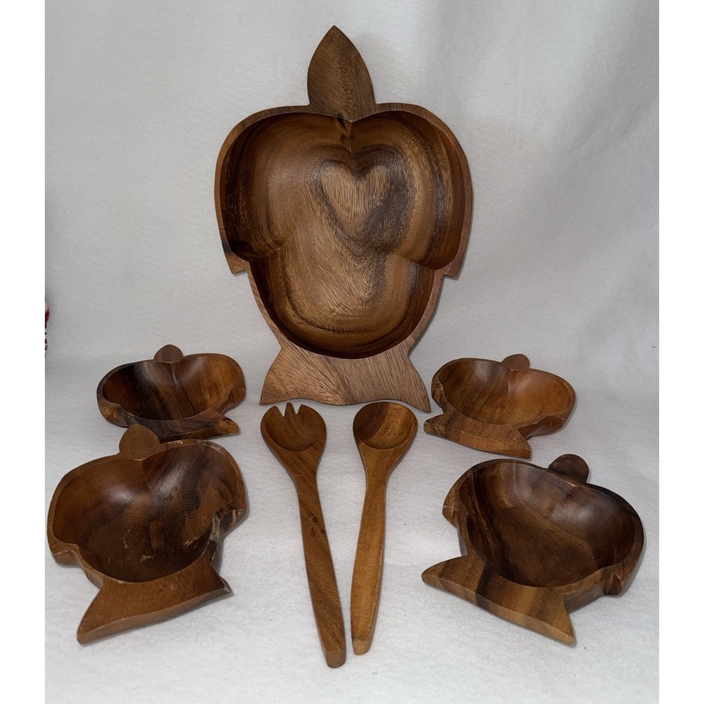 Monkey (1) Pod Wood Salad Bowl Bird Dove (2) Servers (4) Sm Bowls Dining Vintage